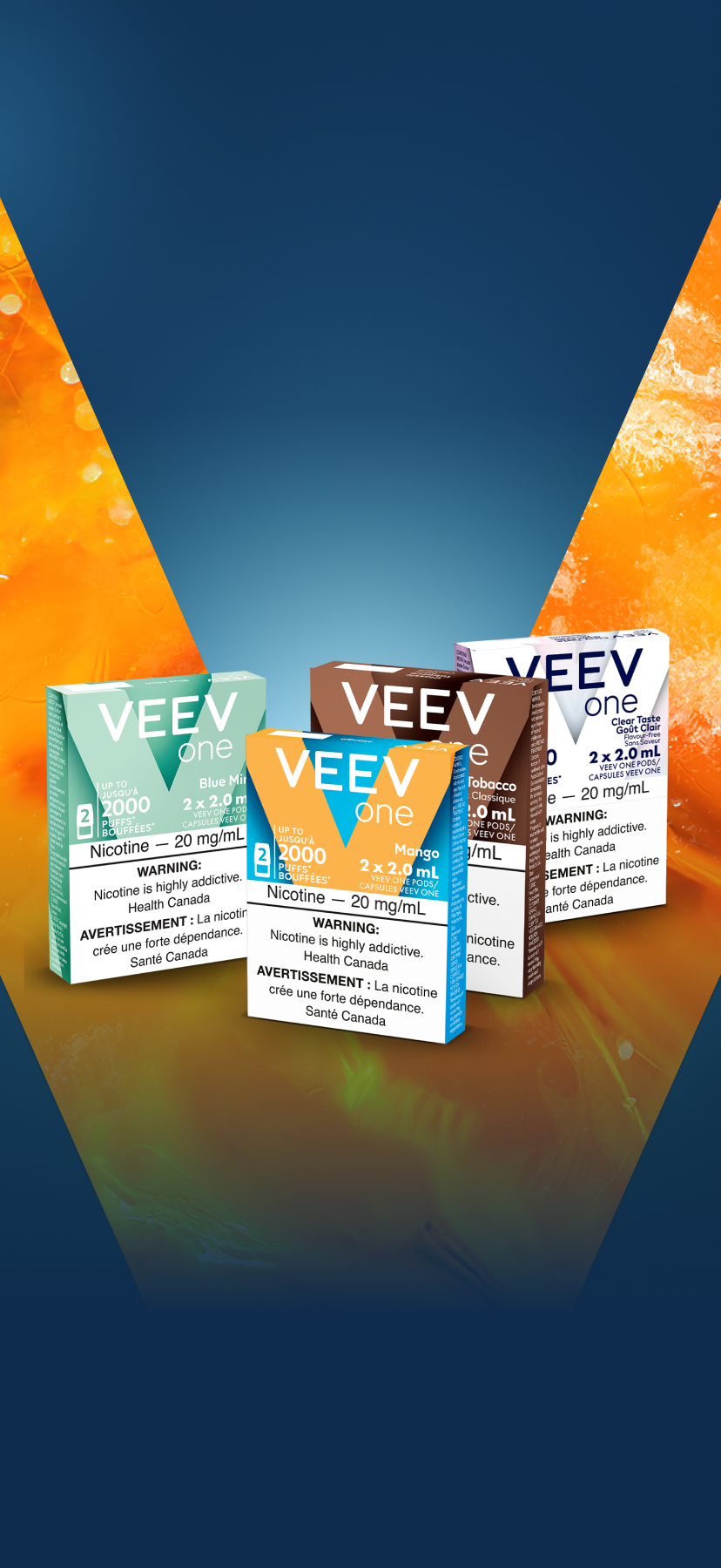 VEEV ONE pods on orange V background.