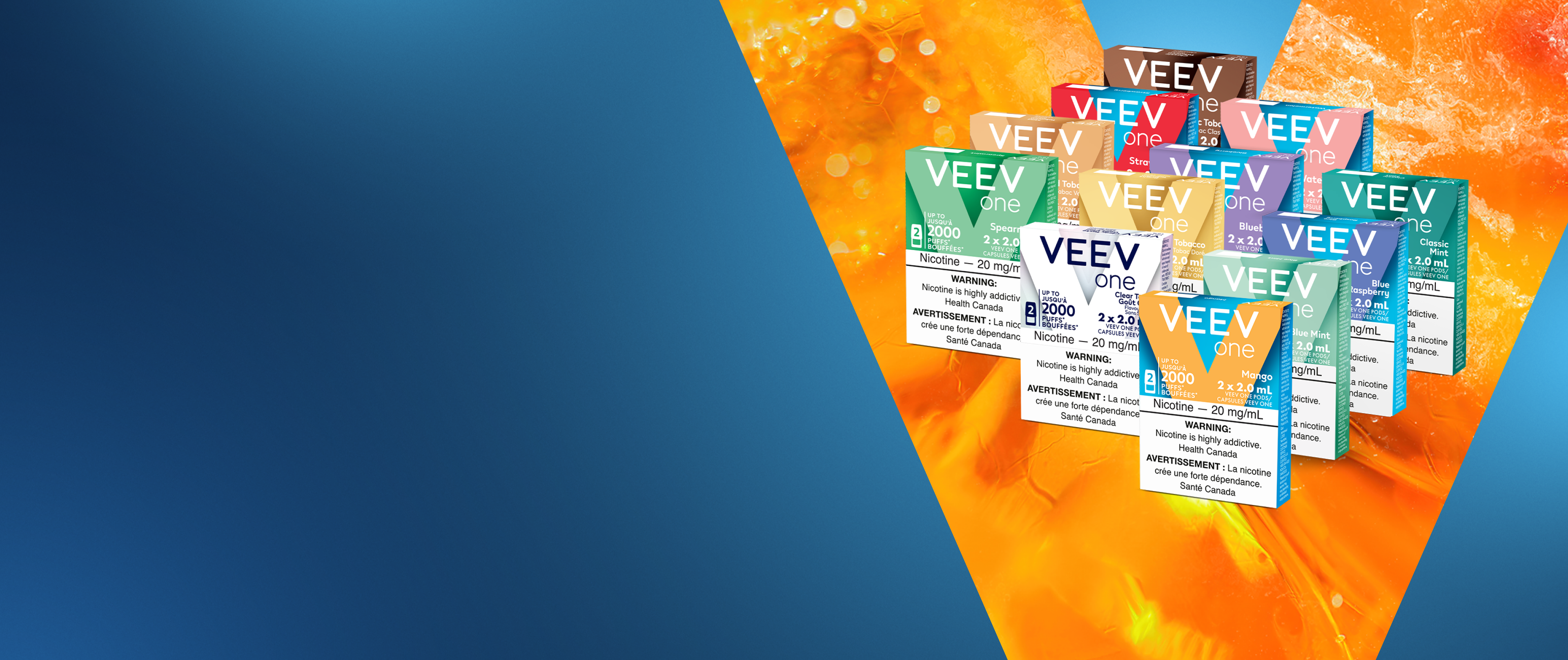 Pods VEEV ONE sur fond V orange.