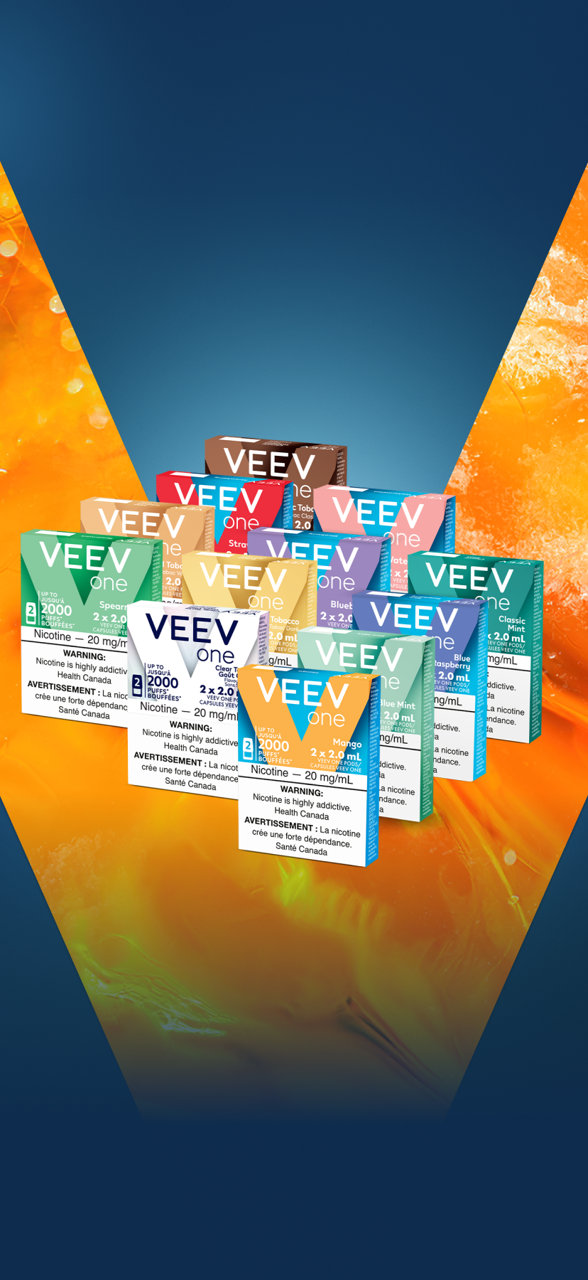 Pods VEEV ONE sur fond V orange.