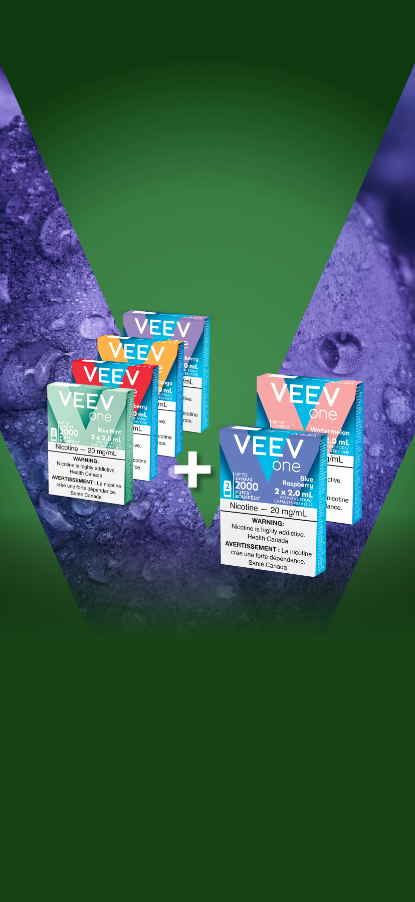 VEEV ONE pods on colourful V background
