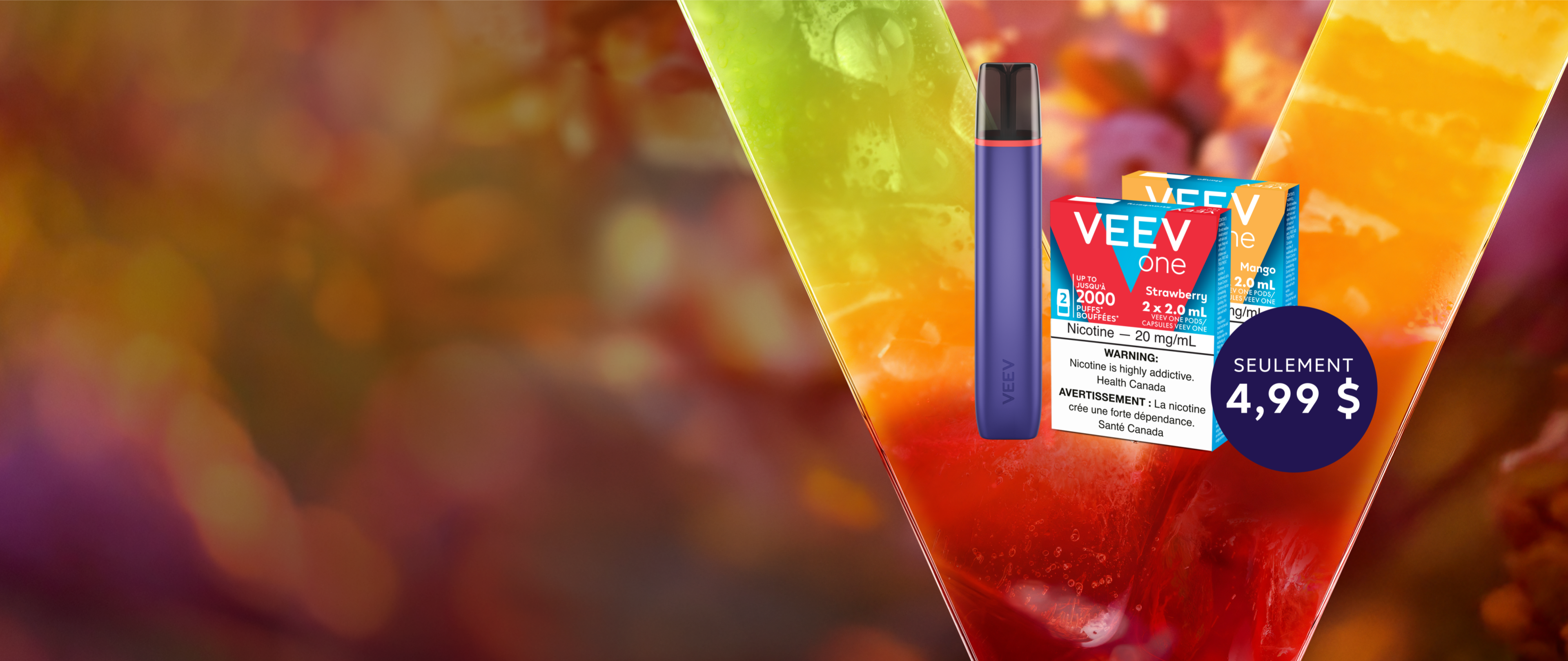Vapoteuse VEEV ONE avec 2 paquets de capsules et 2 appareils jetables de 18 ml avec une étiquette ronde de 4,99 $ sur fond jaune et rouge  