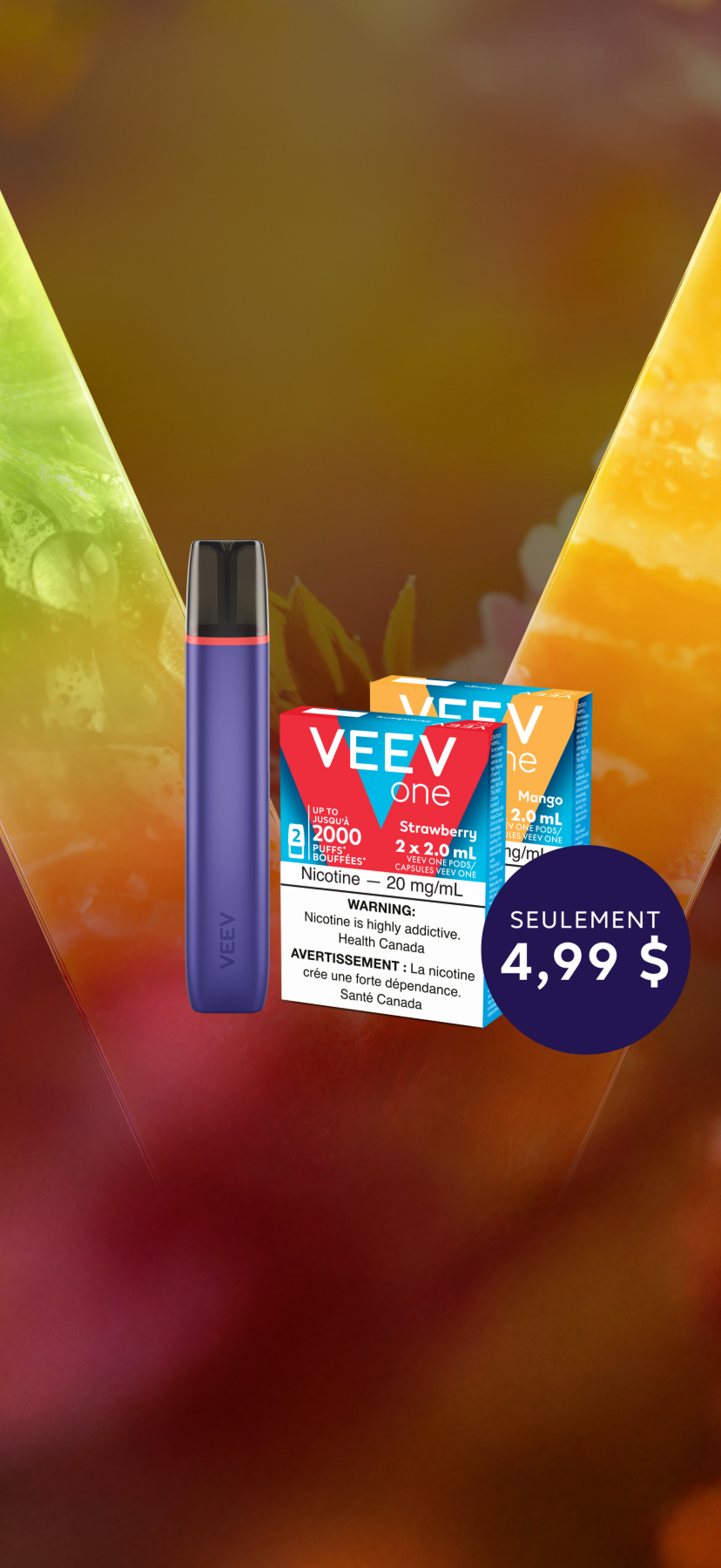 Vapoteuse VEEV ONE avec 2 paquets de capsules et 2 appareils jetables de 18 ml avec une étiquette ronde de 4,99 $ sur fond jaune et rouge 