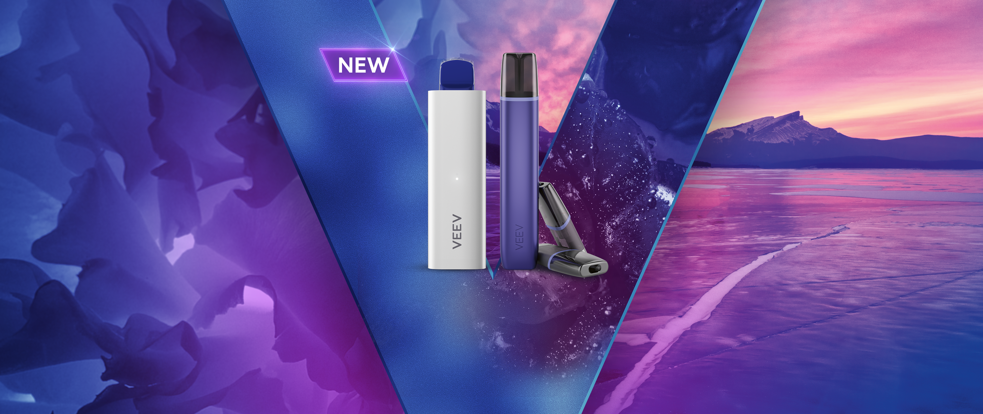 Intense fruit- VEEV NOW 5 mL and VEEV NOW device on purple background.