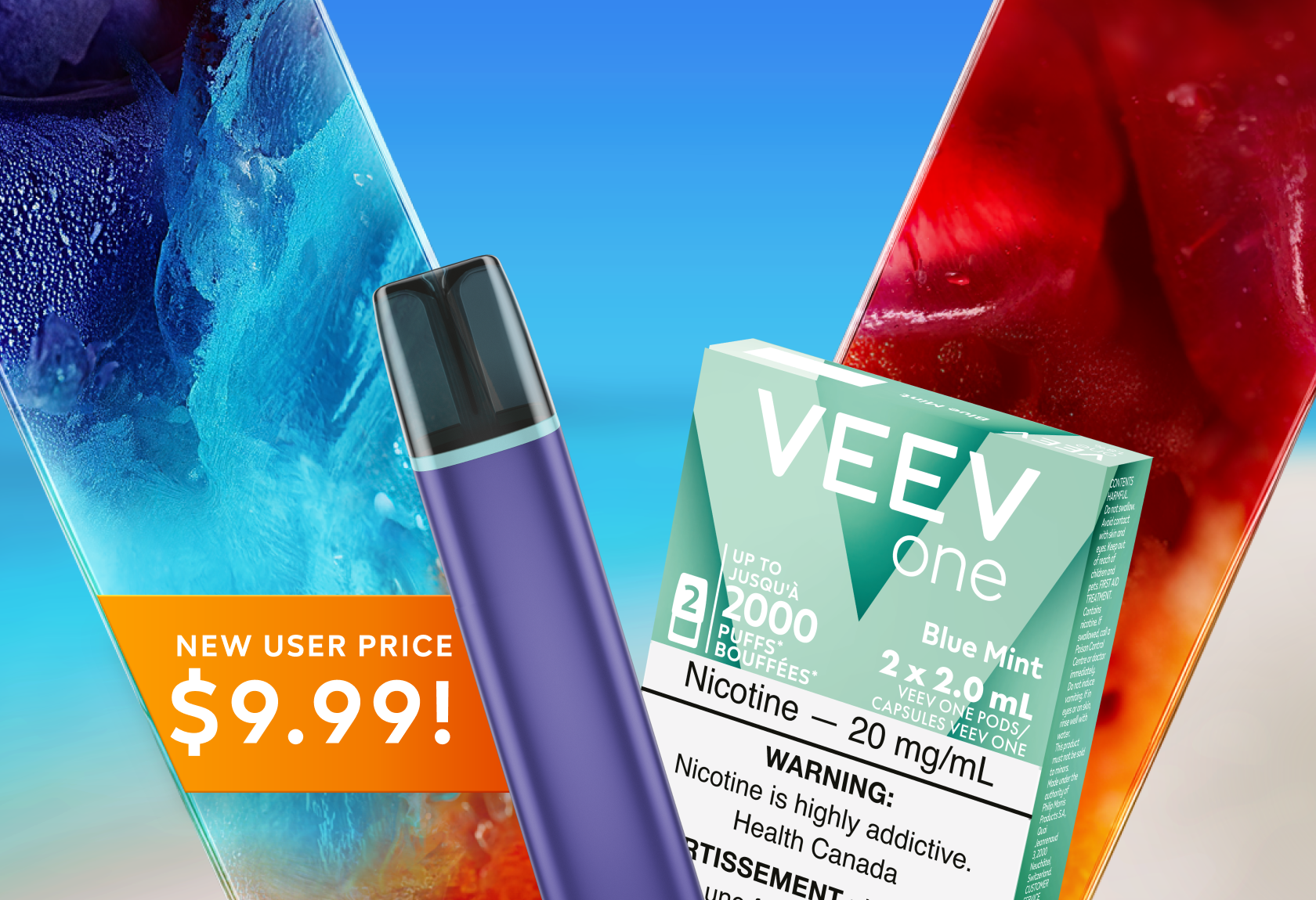 VEEV ONE vape and pack of pods on colourful V background