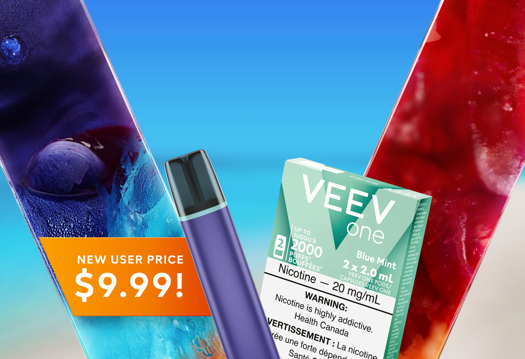 VEEV ONE vape and pack of pods on colourful V background