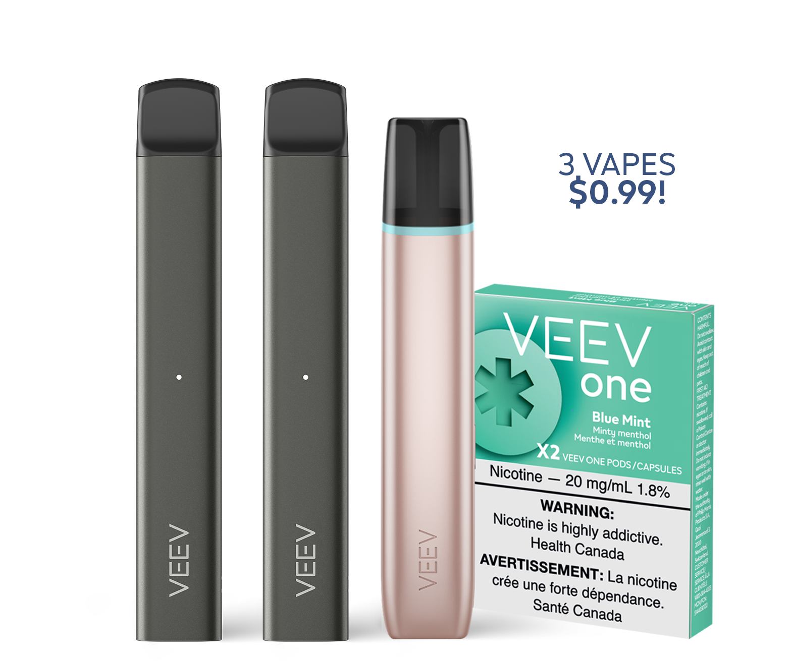 One VEEV ONE pod vape device, one pack of VEEV ONE pods and two VEEV NOW disposable vapes