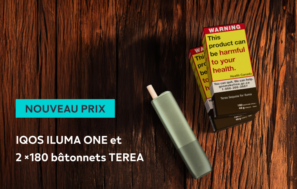 Un dispositif IQOS ILUMA ONE et 2 × 180 bâtonnets TEREA (360 bâtonnets TEREA). Inclut une étiquette « NOUVEAU PRIX ».