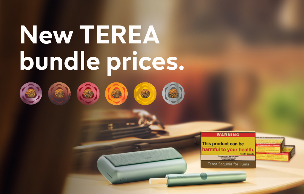BC - New TEREA bundle prices - An IQOS ILUMA PRIME device with a TEREA stick instead next to TEREA packs on a table.
