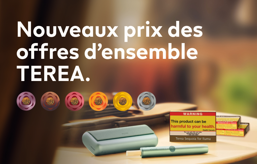 BC - New TEREA bundle prices - Un dispositif IQOS ILUMA PRIME avec un bâtonnet TEREA à côté des paquets TEREA sur une table.