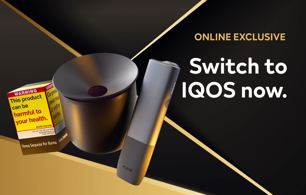 An IQOS ILUMA ONE, a carton of TEREA 54s, and an IQOS Ceramic Tray. Includes an “ONLINE EXCLUSIVE” tag.
