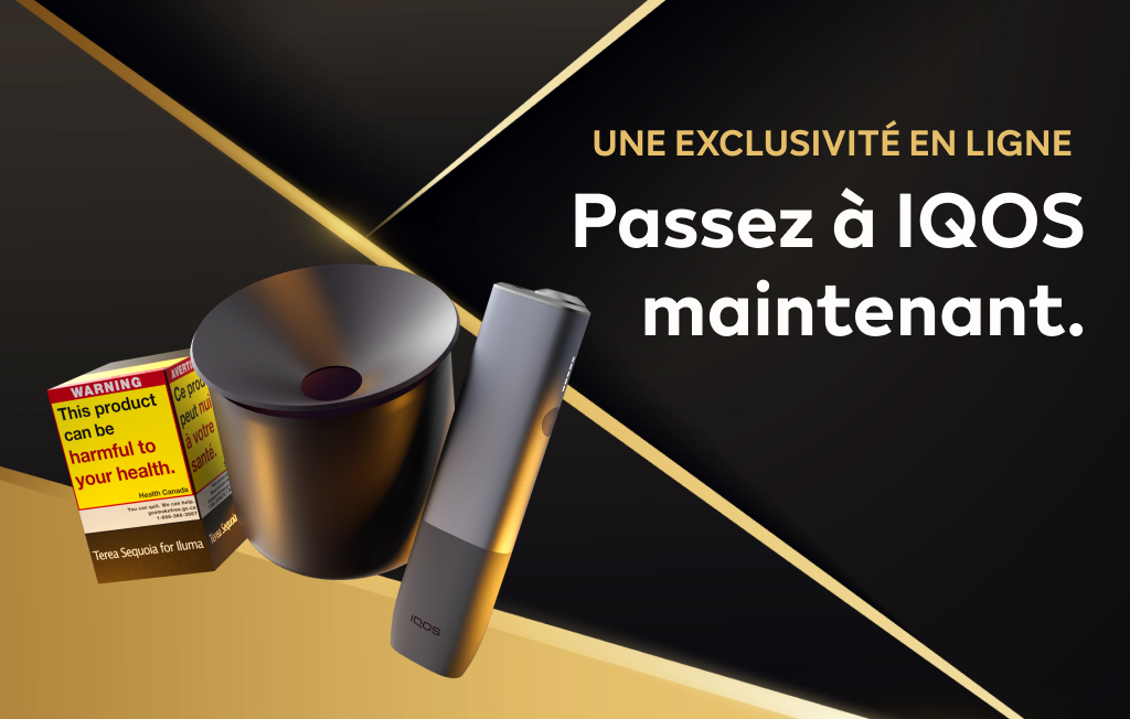 
Un IQOS ILUMA, une boîte de TEREA 54 et un plateau en céramique IQOS. Inclut une étiquette « EXCLUSIF EN LIGNE ». 