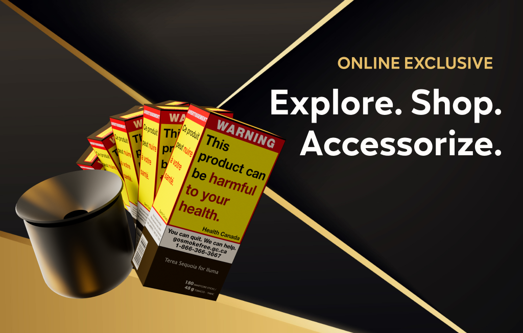 Five cartons of TEREA 180s and an IQOS Ceramic Tray on a black and gold visual background. Includes an “ONLINE EXCLUSIVE” tag.