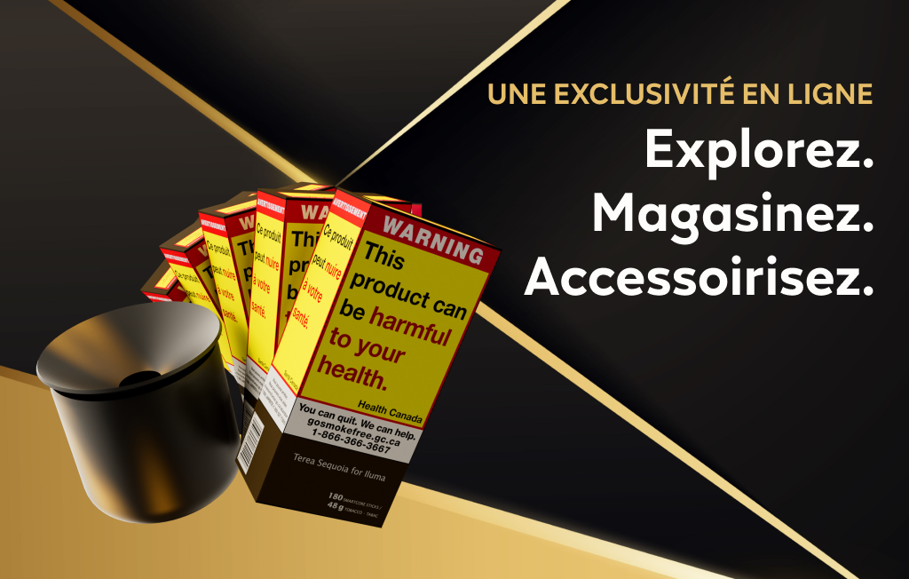Cinq cartons de TEREA 180s et un plateau en céramique IQOS sur un fond visuel noir et or. Inclut une étiquette « EXCLUSIF EN LIGNE ».