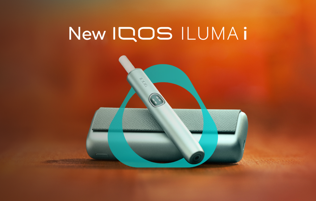A Breeze Blue IQOS ILUMA i PRIME with a TEREA stick inserted, featured within the IQOS key on an orange background alongside the new IQOS ILUMA i logo. ” tag.