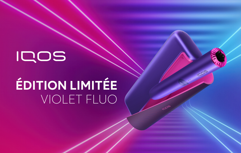 Appareil IQOS ÉDITION LIMITÉE VIOLET FLUO sur fond violet électrique. 
