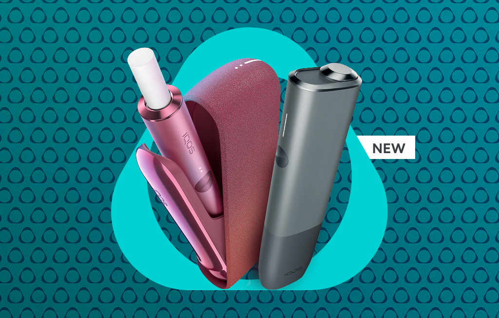 A Sunset Red IQOS ILUMA device with a TEREA stick inside and a Pebble Grey IQOS ILUMA ONE device on a teal background. Includes 