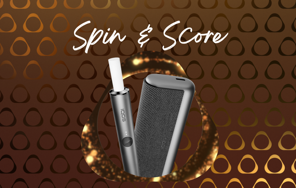 A Obsidian Black IQOS ILUMA PRIME device with a TEREA stick inserted within a golden IQOS key on a gold background alongside the IQOS logo.” tag.