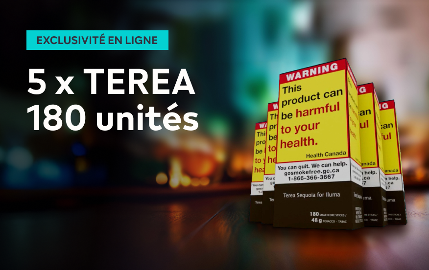 Cinq cartouches TEREA de 180 bâtonnets sur une table