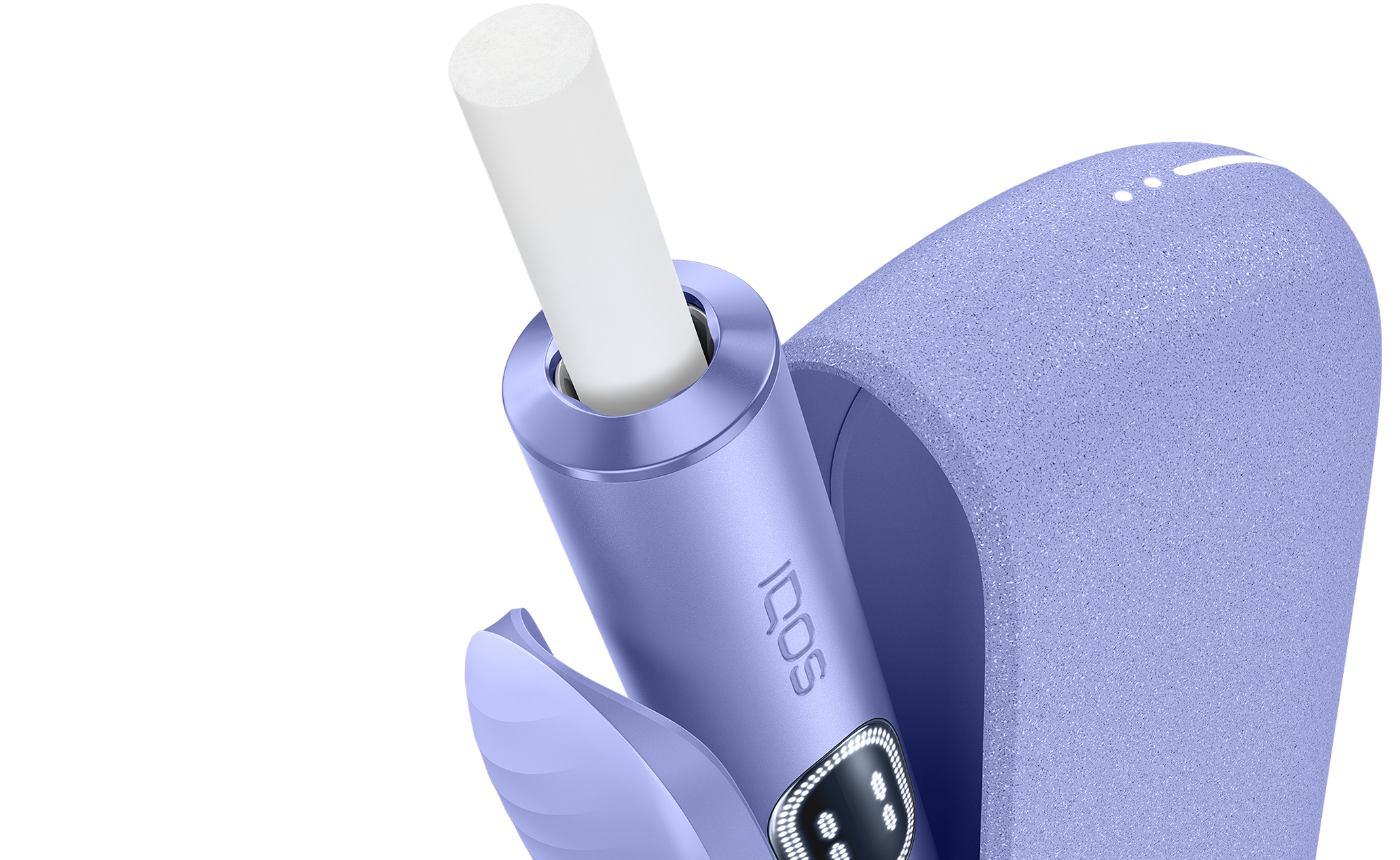 A Digital Violet IQOS ILUMA i device on a white textured background. 