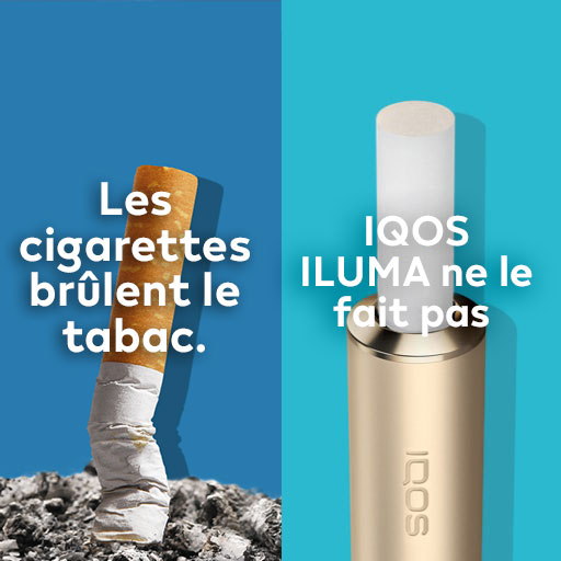 Bout de cigarette allumé comparé au bâtonnet TEREA d’IQOS dans le support IQOS ILUMA.