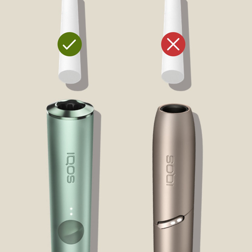 An IQOS ILUMA device with a TEREA stick being fitted compared to an IQOS 3 device which should not be used with TEREA.