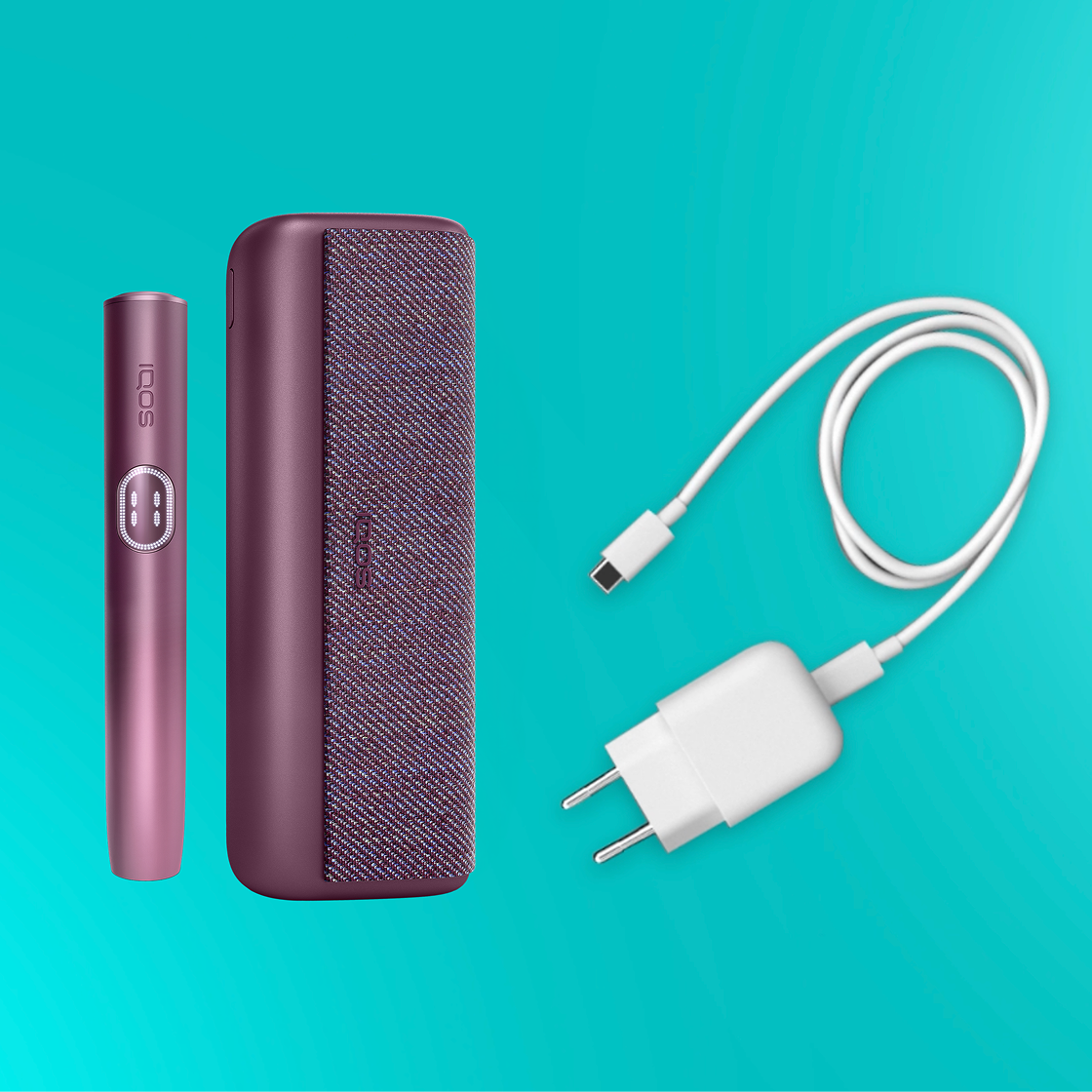 An IQOS ILUMA i PRIME Holder and Pocket Charger next to a charging cable and AC adaptor.