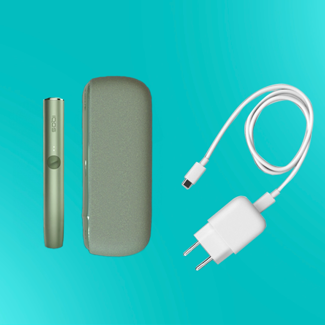 Un support et un chargeur de poche IQOS ILUMA à côté d’un câble de charge et d’un adaptateur secteur.