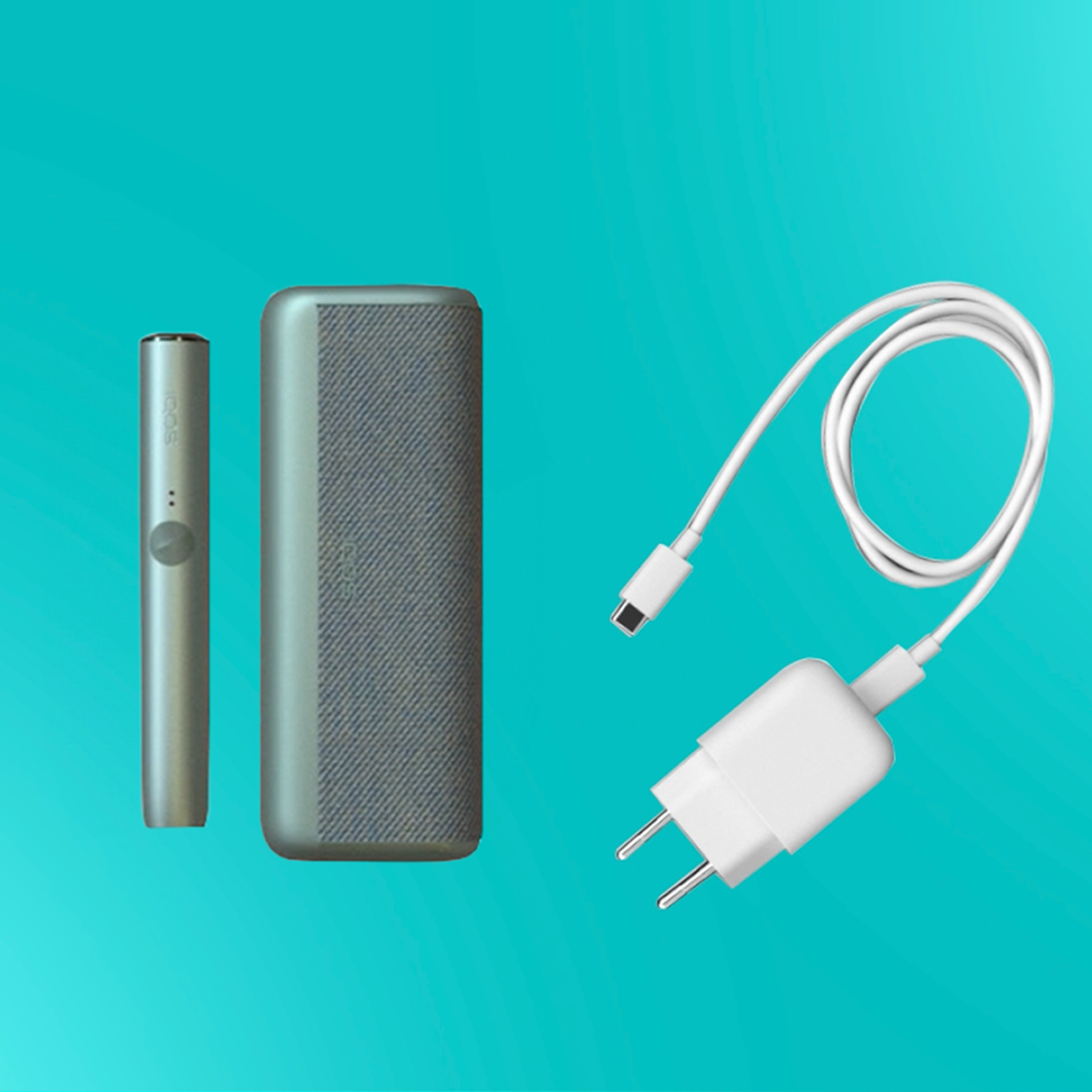 An IQOS ILUMA PRIME Holder and Pocket Charger next to a charging cable and AC adaptor.