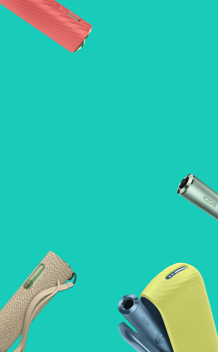 Two IQOS ILUMA devices with accessories against a teal background.