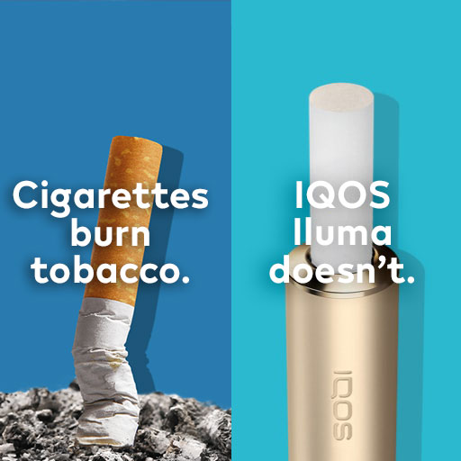 Lit cigarette end compared to IQOS TEREA stick in IQOS ILUMA holder.