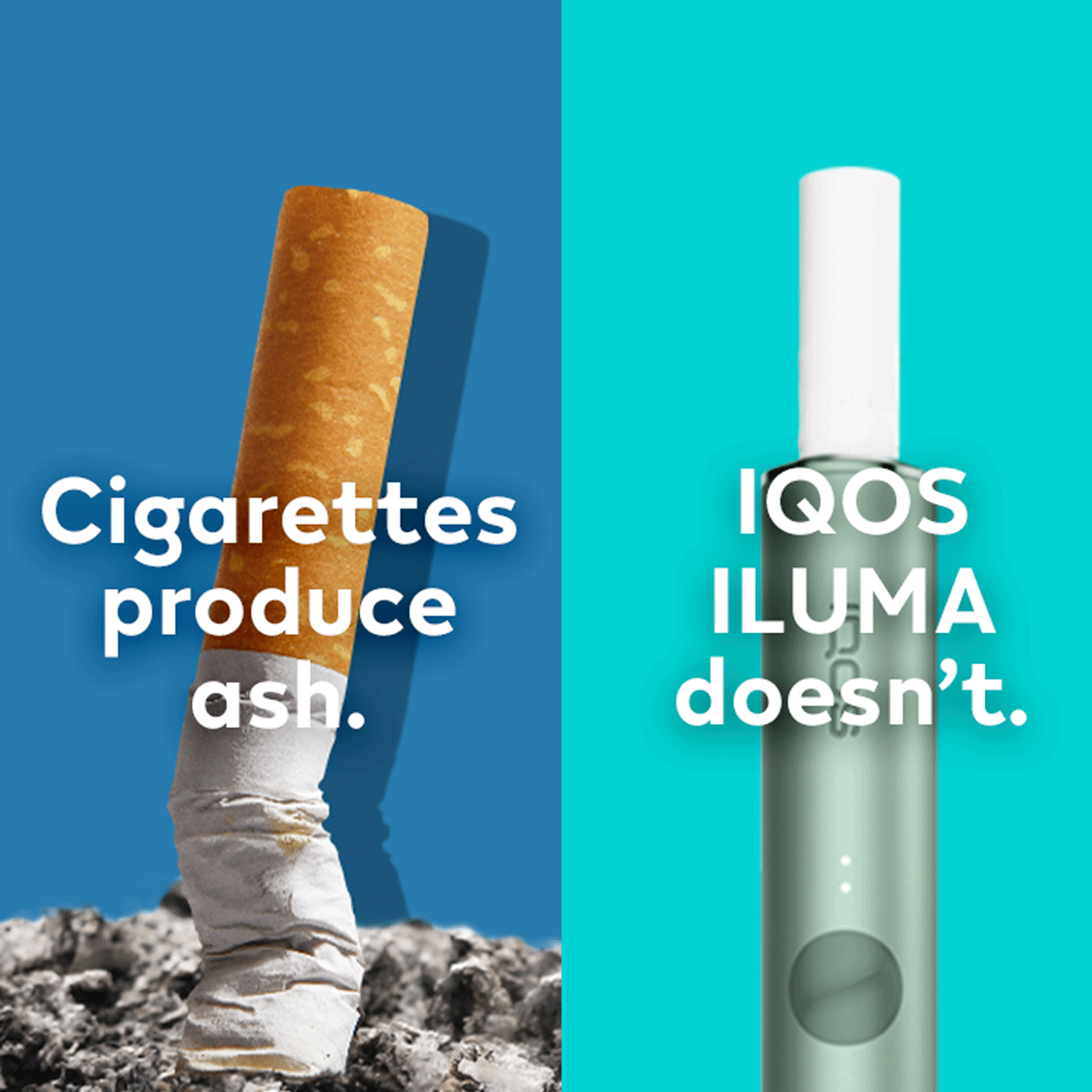 Lit cigarette compared to TEREA stick inside an IQOS ILUMA Holder.