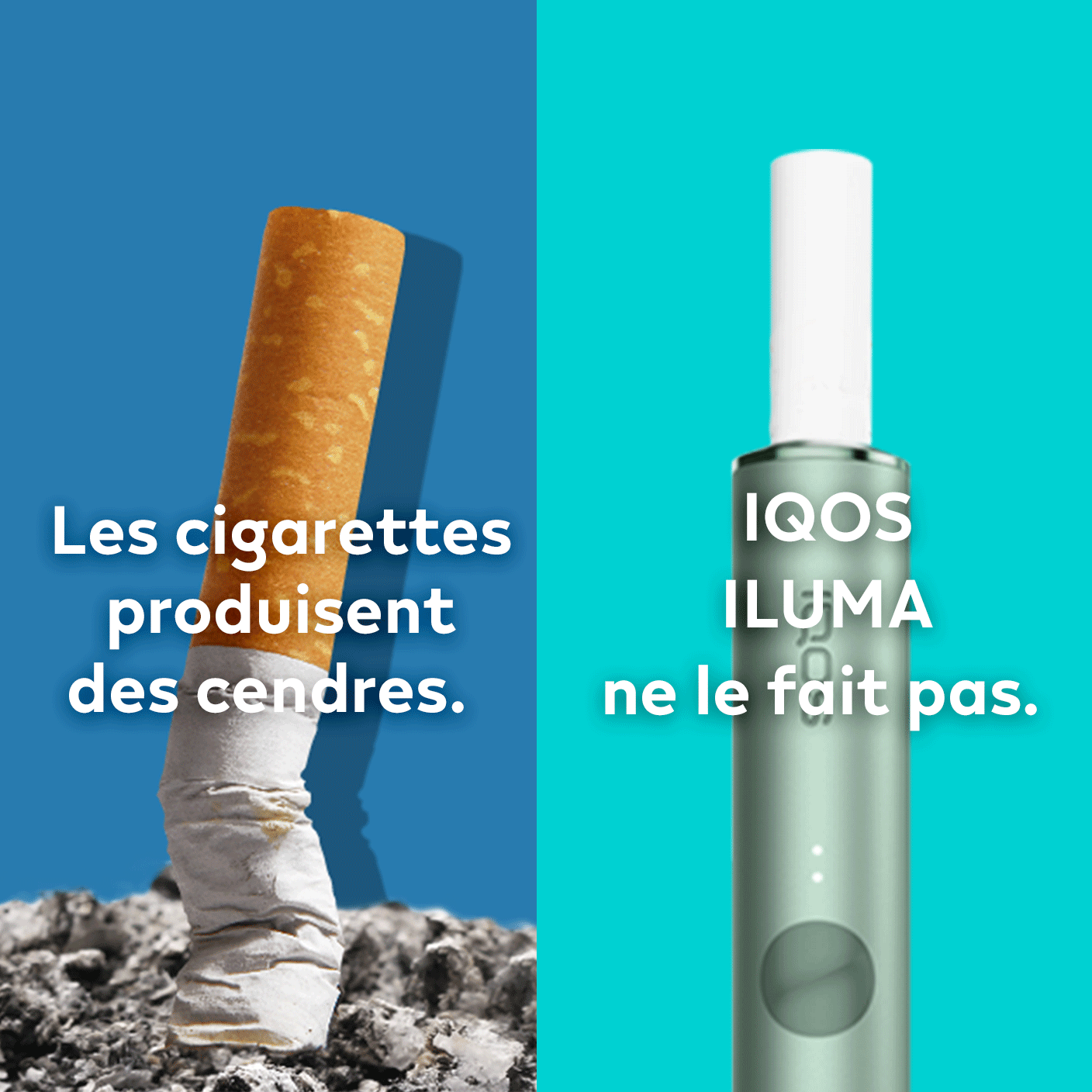 Cigarette allumée par rapport au bâtonnet TEREA à l’intérieur d’un support IQOS ILUMA.