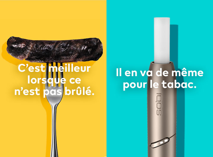 Saucisse brûlée sur une fourchette comparée à un bâtonnet HEETS propre dans un support IQOS 3 DUO