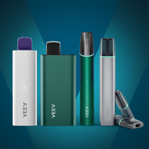 A picture of VEEV NOW ULTRA, 5 mL and 18 mL disposables with a VEEV ONE pod vape.