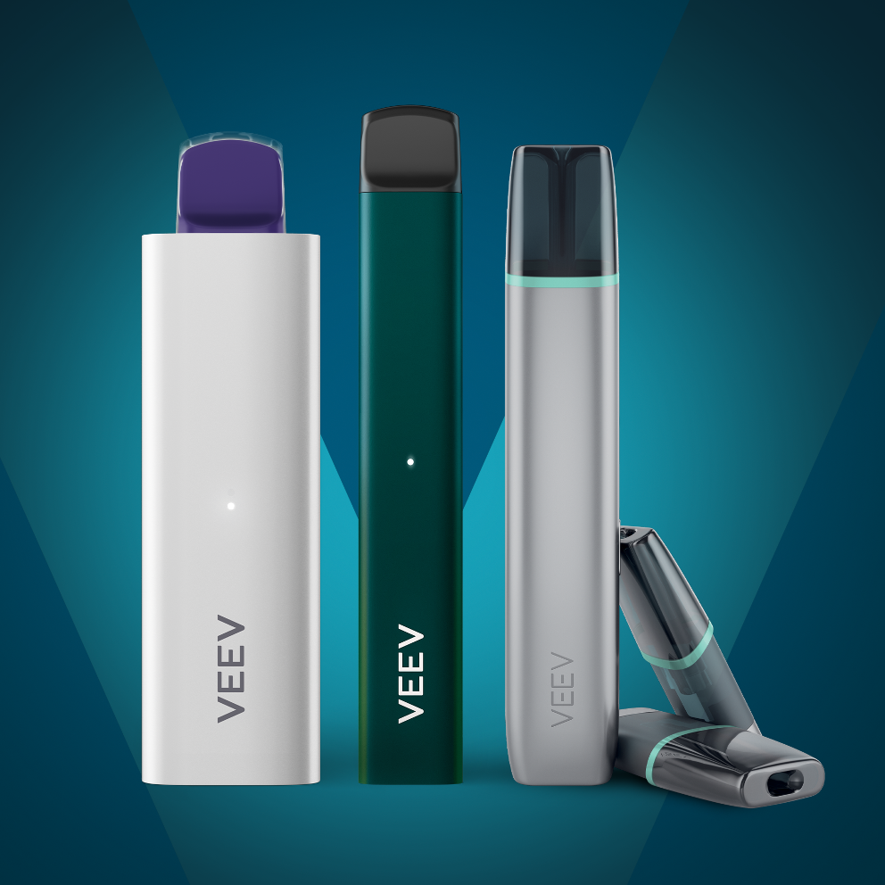 A VEEV ONE pod vape, a 5 mL VEEV NOW disposable vape and a 2 mL VEEV NOW disposable vape.