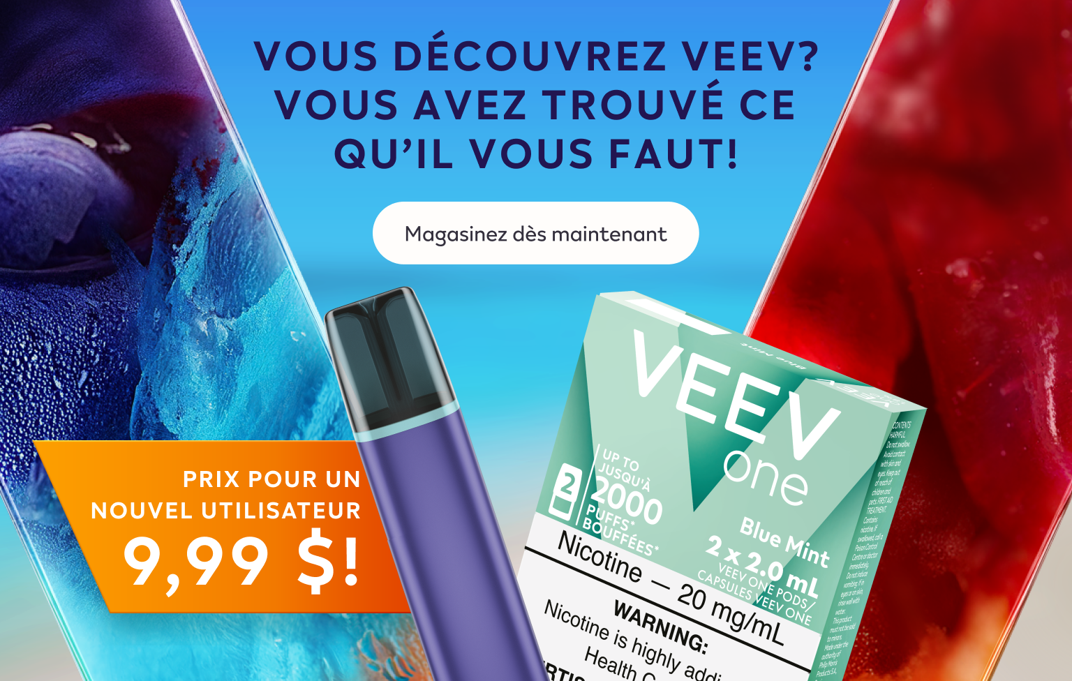 Vapoteuse VEEV ONE et un paquet de capsules sur fond en V coloré