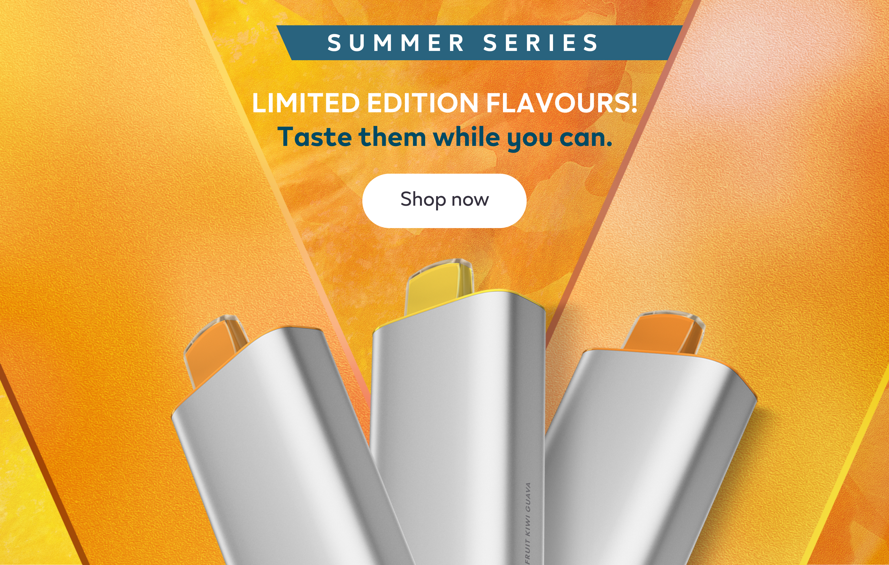 Three Limited Edition Flavour Devices - Peach, Mango, and Passion Fruit Kiwi Guava - on a textured orange and yellow background.