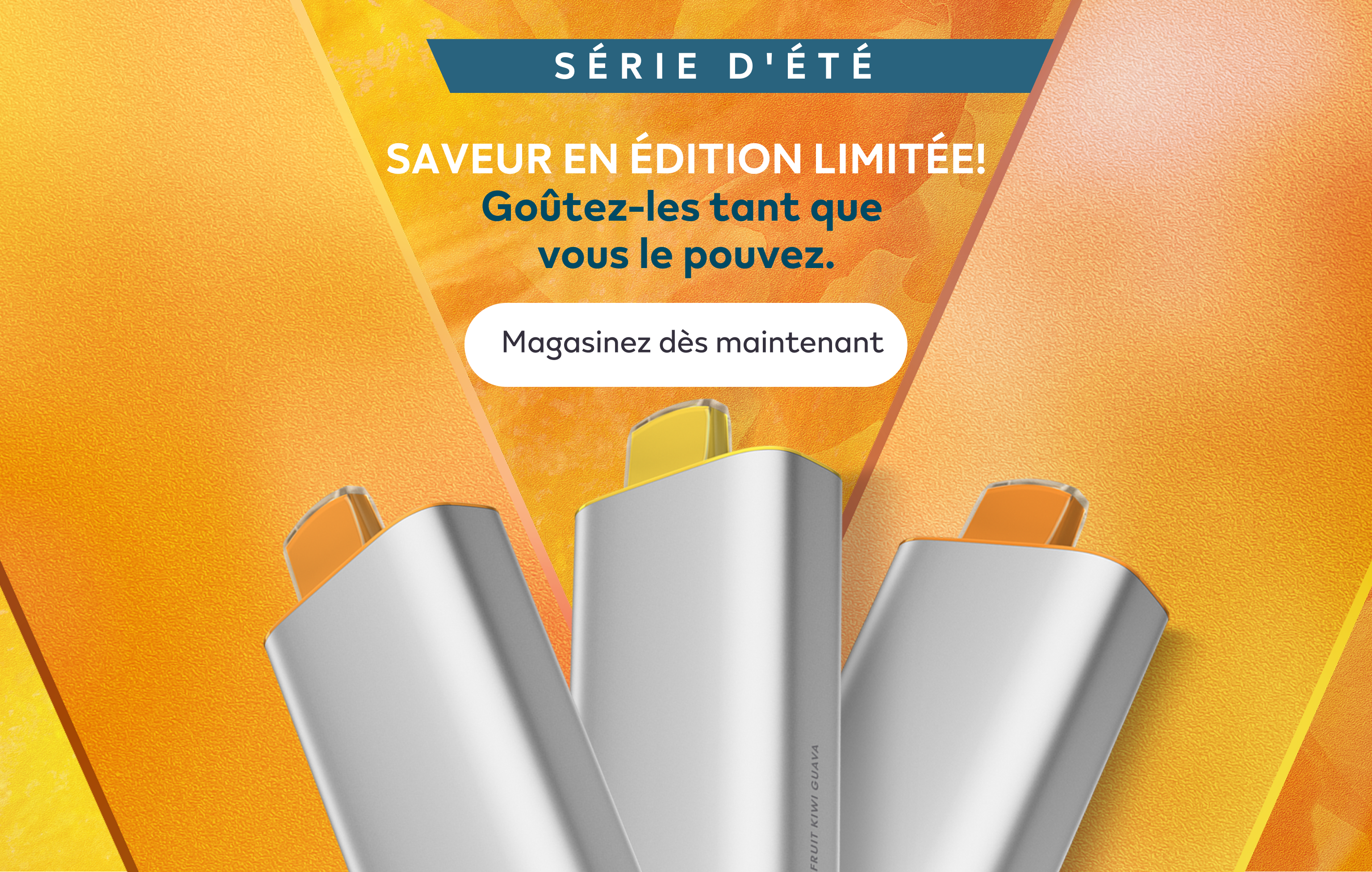 Three Limited Edition Flavour Devices - Peach, Mango, and Passion Fruit Kiwi Guava - on a textured orange and yellow background.