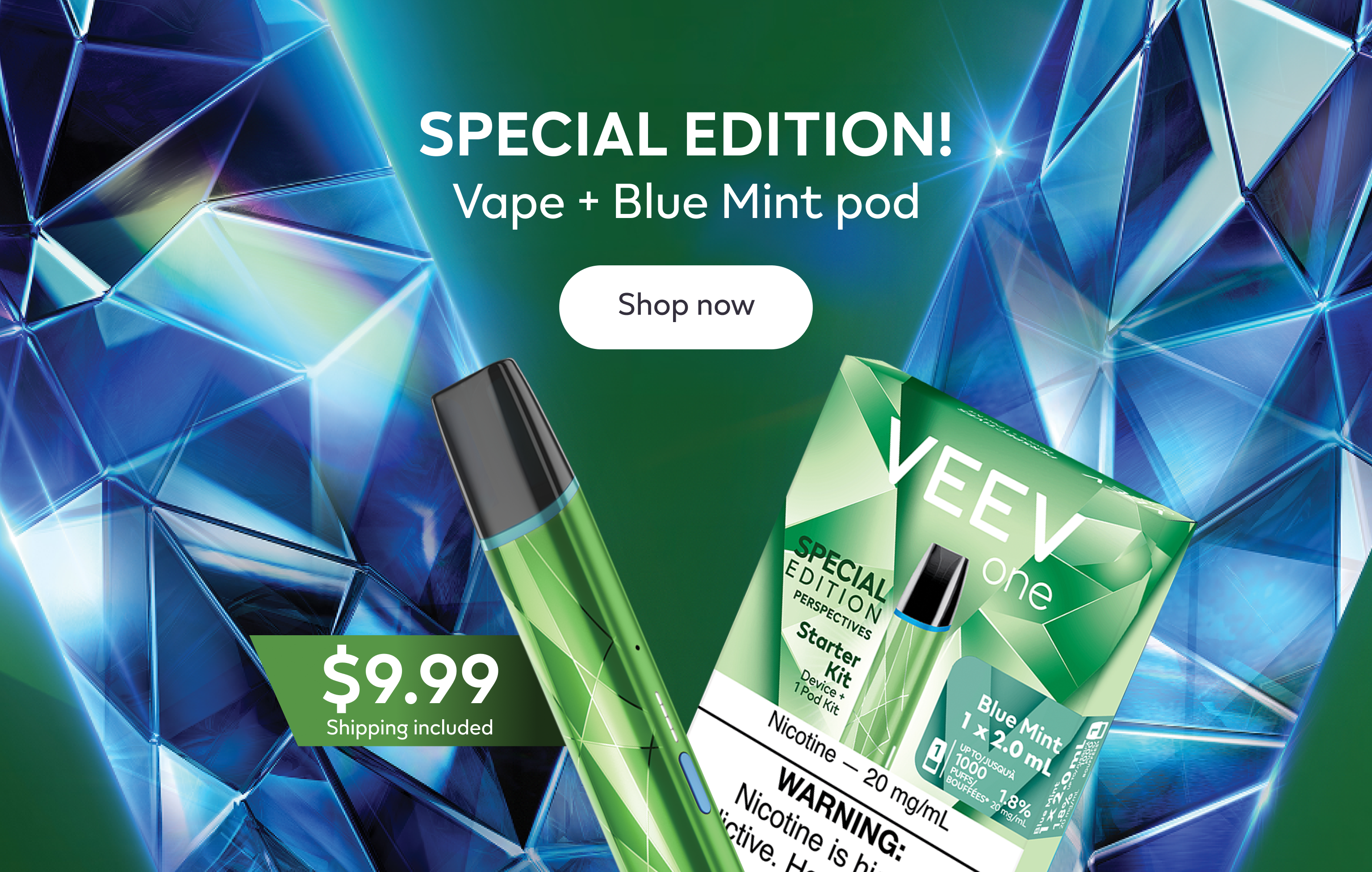 VEEV ONE Special Edition Device and pack of Blue Mint pods on a green background with a V in a blue laser engraved design. 