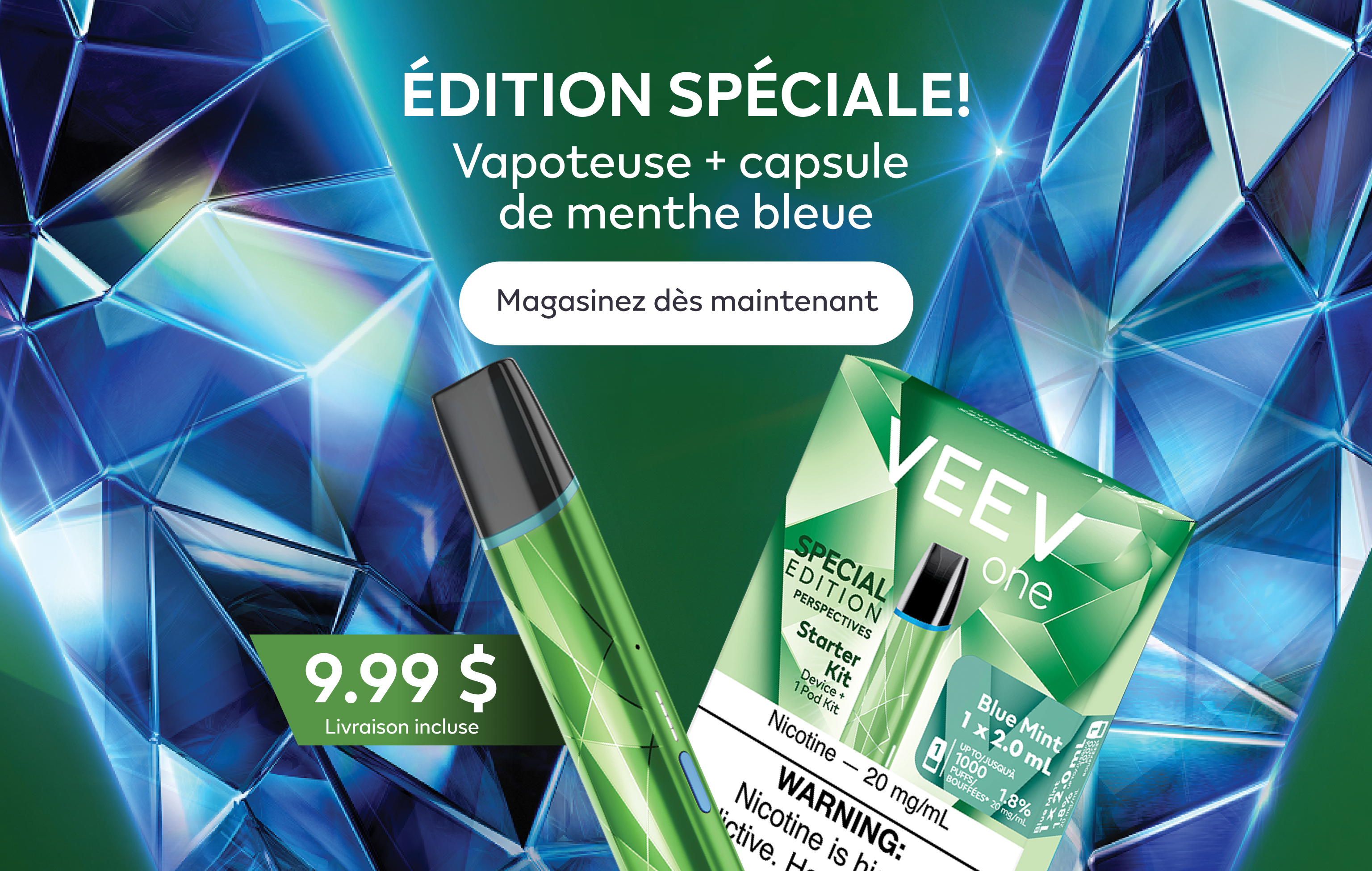 Appareil VEEV ONE et paquet de capsules menthe bleue sur fond vert avec un motif V gravé en bleu au laser en édition spéciale.