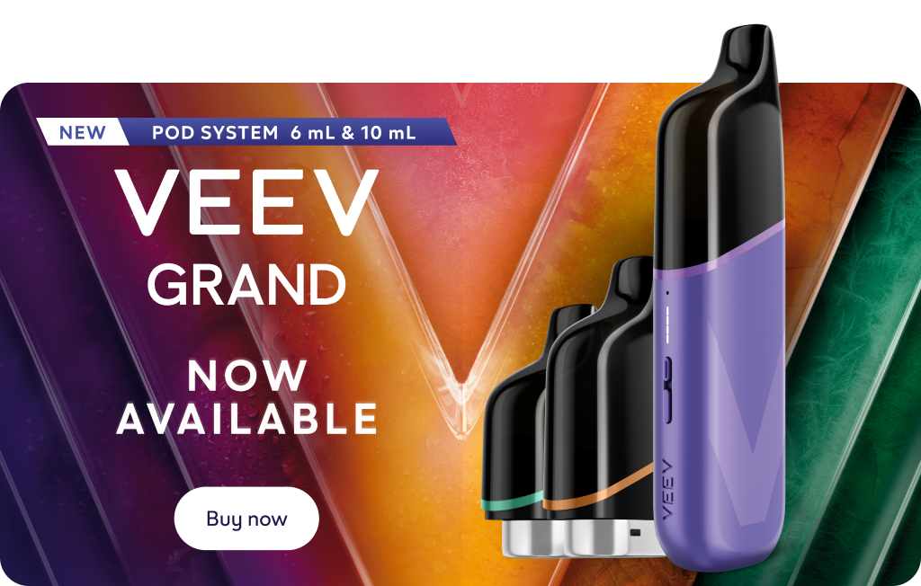 VEEV GRAND device and pods on a colourful v background
