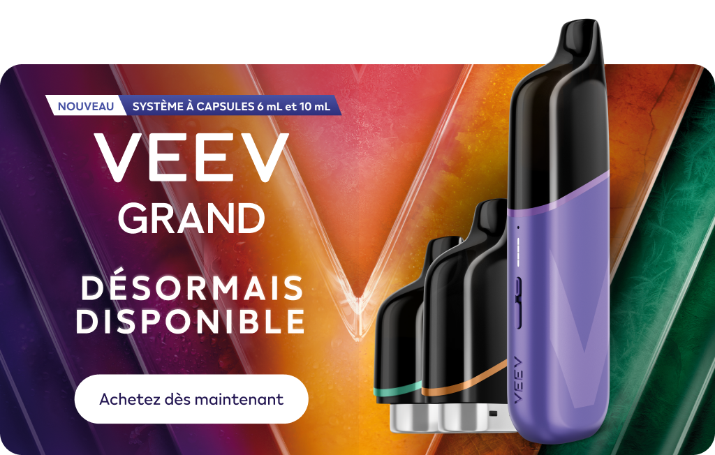 Appareil VEEV GRAND et capsules sur un fond coloré en « V »