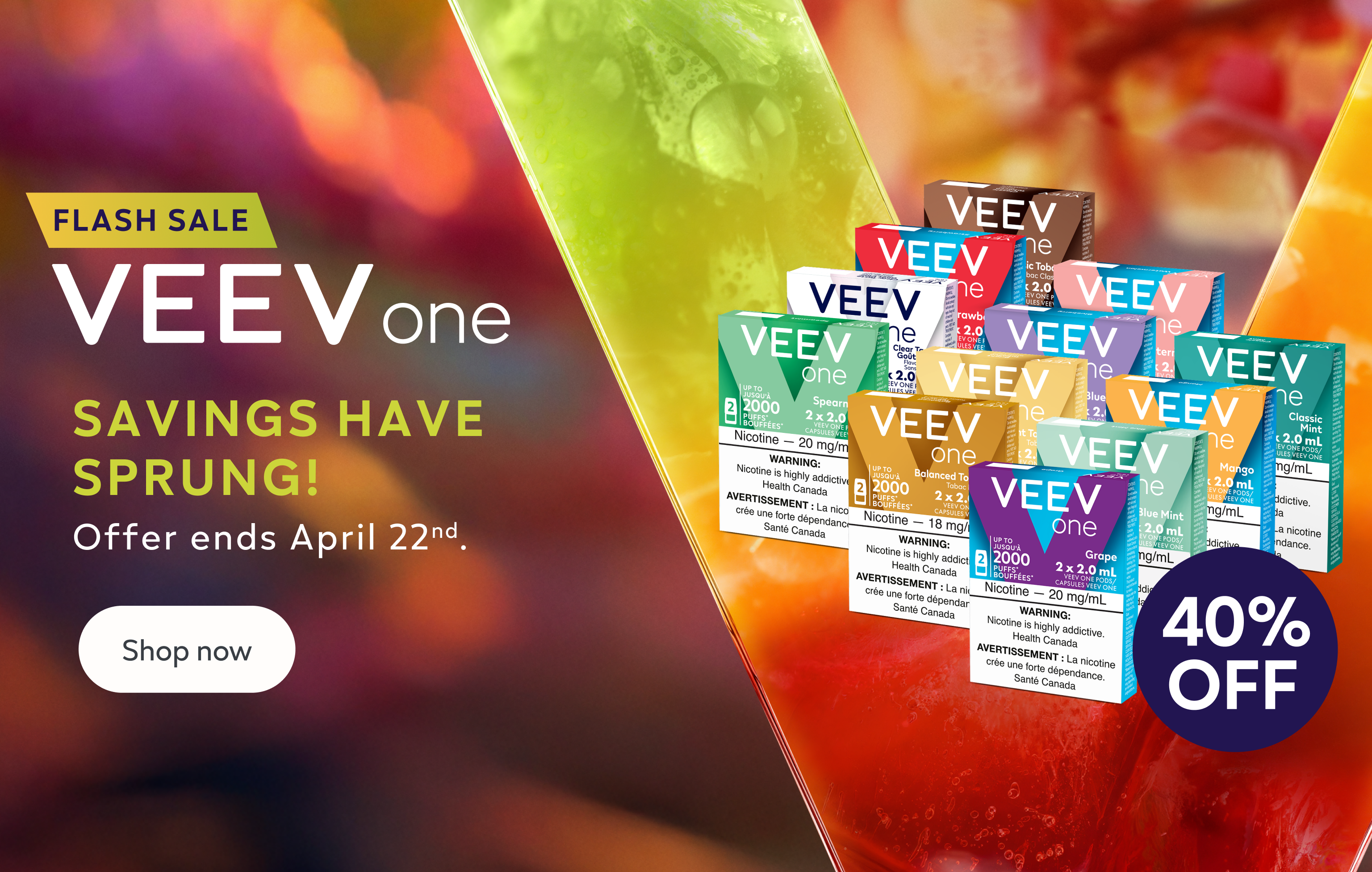 
12 packs of VEEV ONE pods with a 40% off roundel on a bright coloured v background.