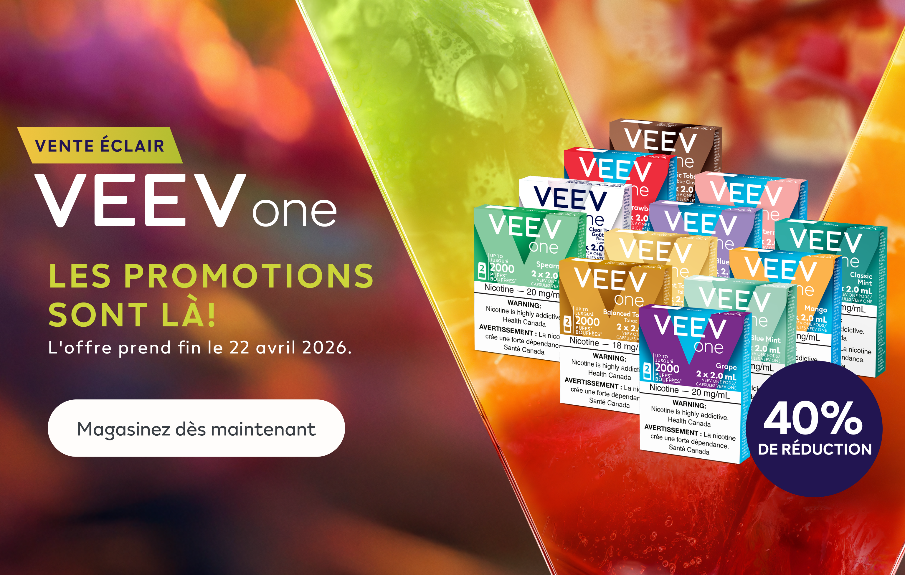 
12 paquets de capsules VEEV ONE avec un autocollant rond « 40 % de réduction » sur un fond en V de couleur vive.