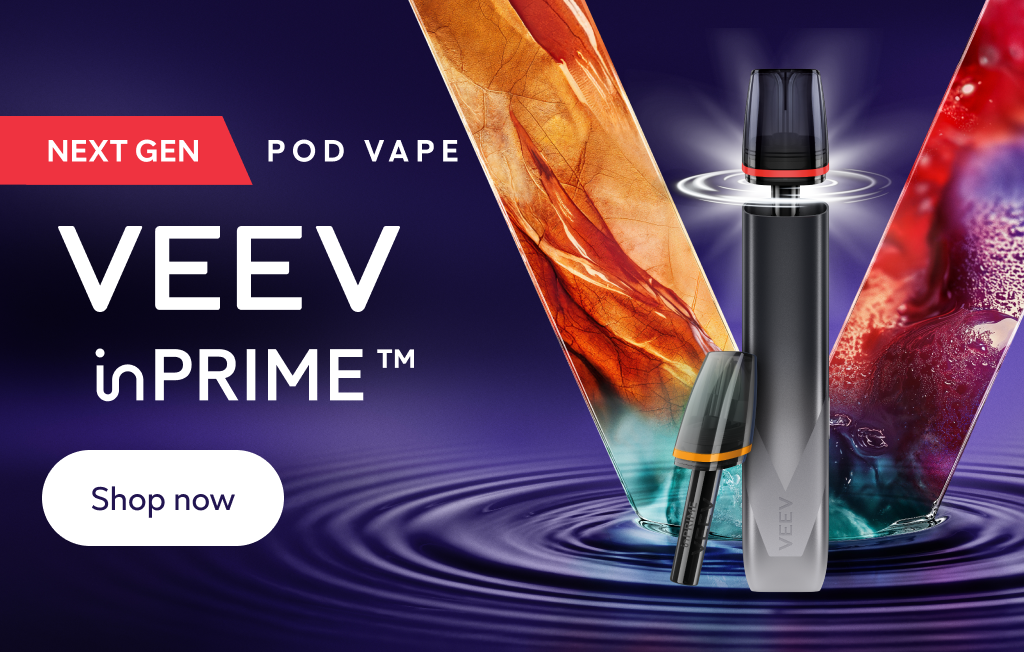 VEEV pods and disposables on a yellow v background