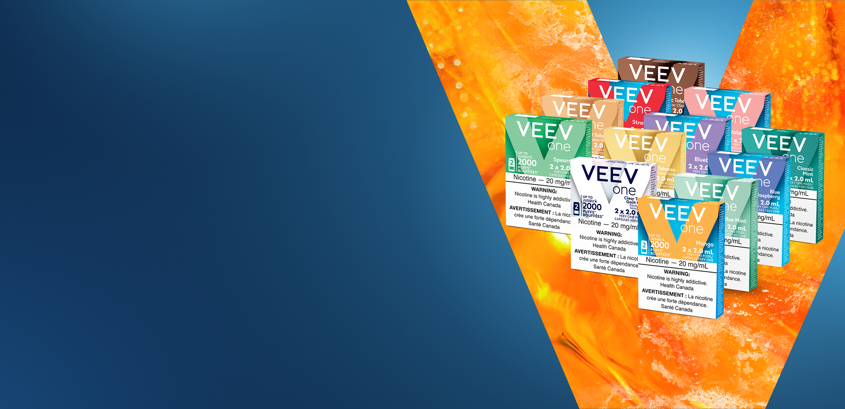 VEEV ONE pods on orange V background.