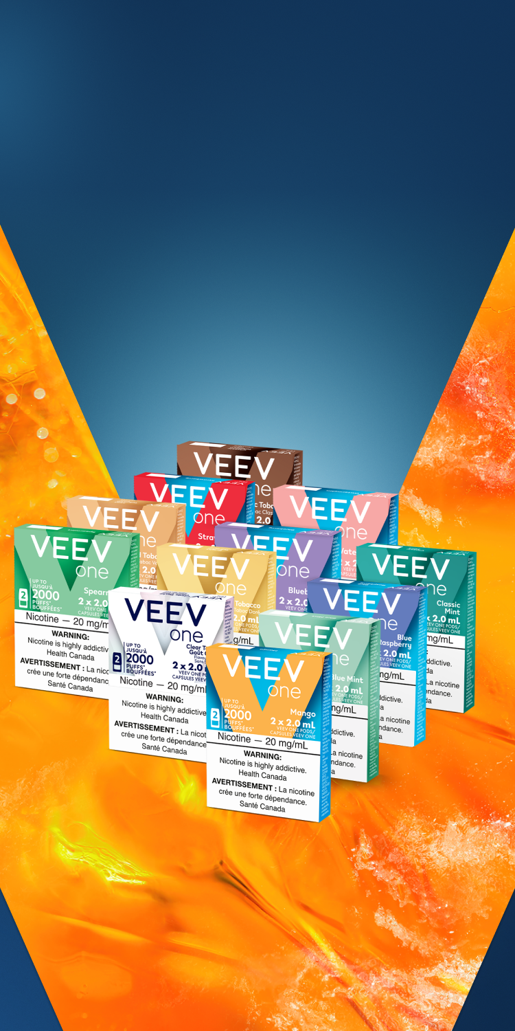 VEEV ONE pods on orange V background.