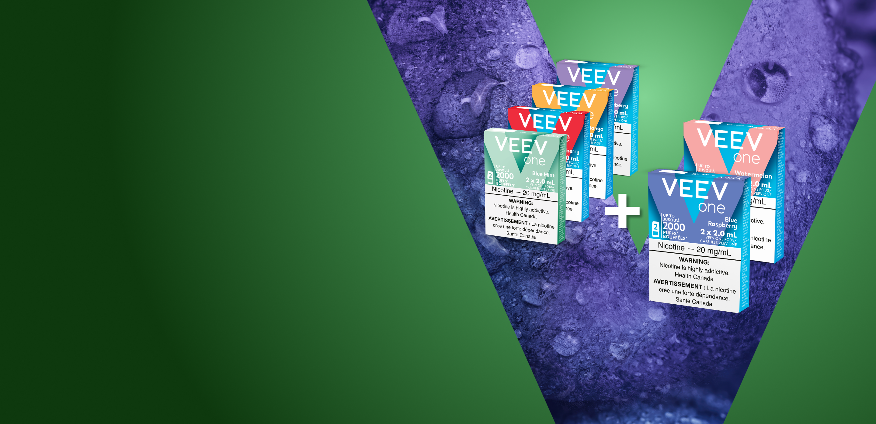 VEEV ONE pods on colourful V background