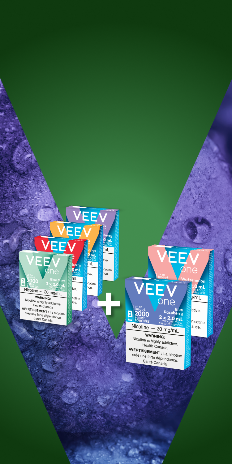 VEEV ONE pods on colourful V background