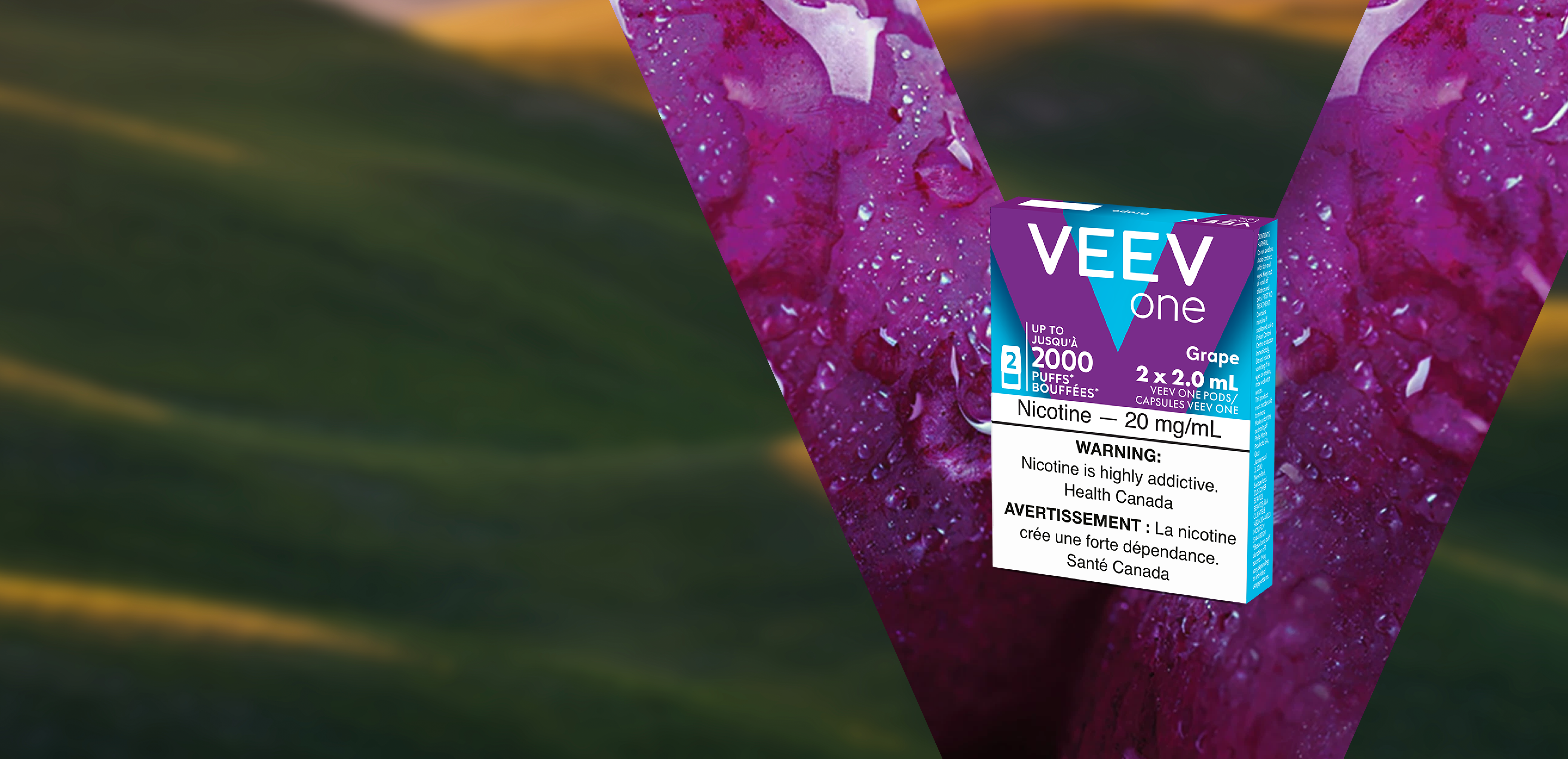 2 packs of Grape VEEV ONE pods on a purple V background.